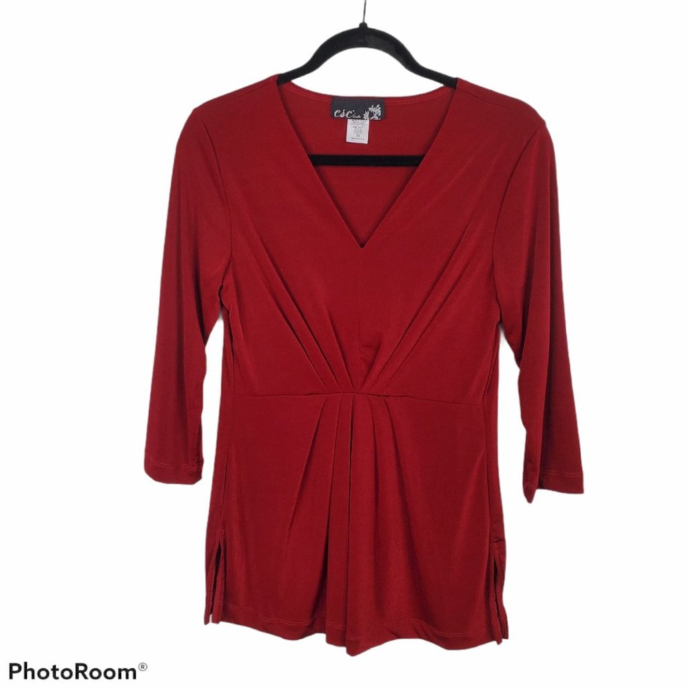 *CSC Studio Red V-Neck Stretch Blouse Extra Small Long Sleeve Business Casual